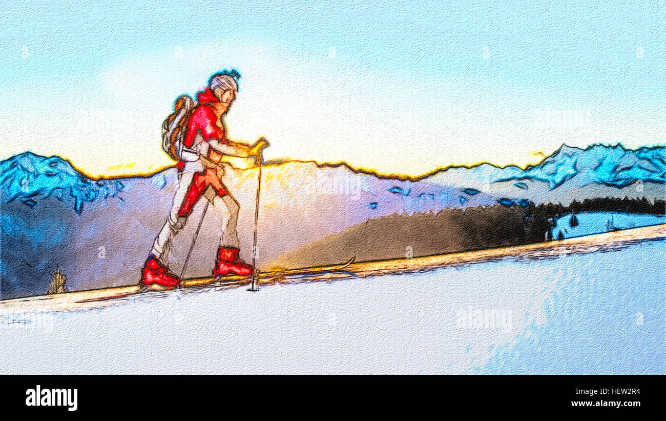 La pente de ski ski alpinisme style dessin Banque D'Images