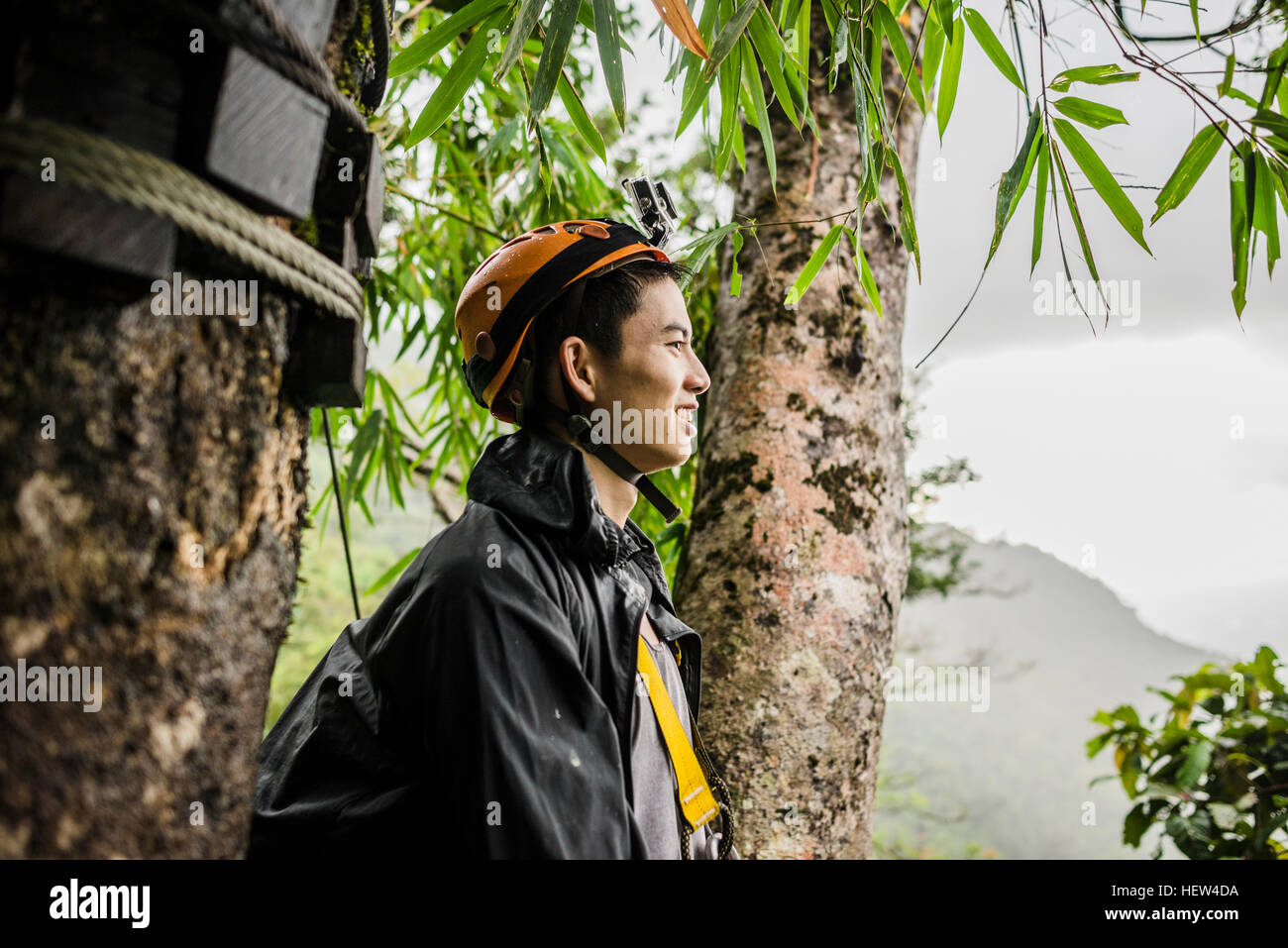 Jeune homme portant des arbres, casque d'escalade à Ban Nongluang, province de Champassak, Paksong, Laos Banque D'Images