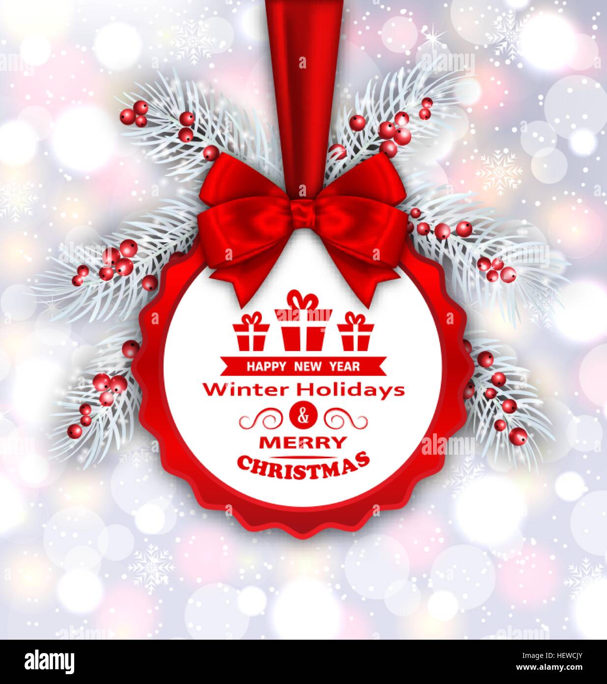 Toute l'illustration bannière avec ruban rouge et Bow pour Bonne année 2017 et joyeux Noël. Modèle de carte de félicitations - Vector Illustration de Vecteur