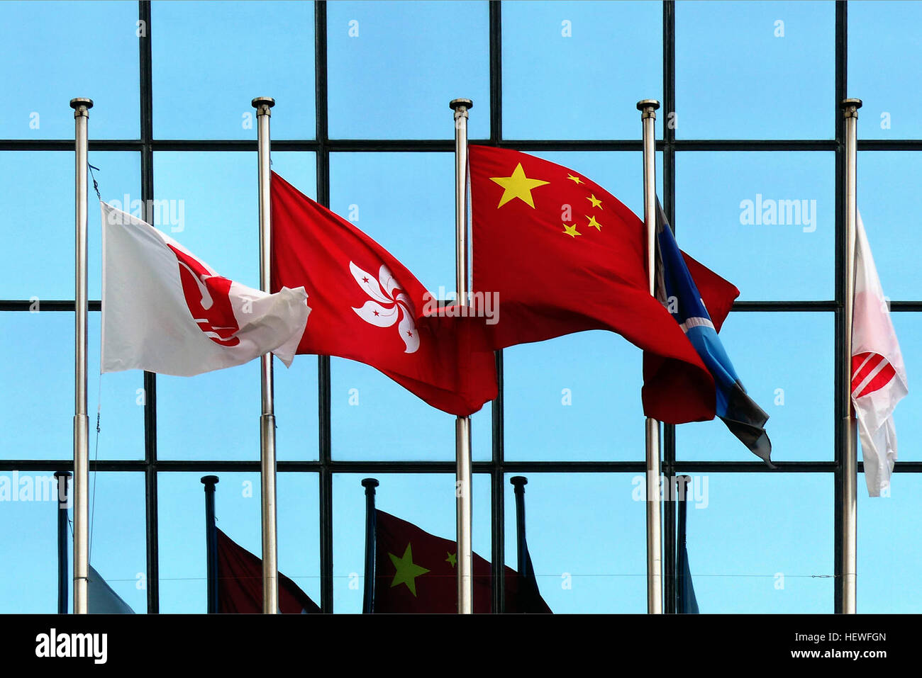 Le drapeau de Hong Kong présente une fleur blanche stylisée à cinq pétales de l'orchidée de Hong Kong, Bauhinia blakeana, sur fond rouge. Ce drapeau est un symbole important de l'identité culturelle et de l'autonomie de Hong Kong, incorporant des éléments du symbolisme chinois et local, ce qui en fait un emblème national unique et significatif. Banque D'Images
