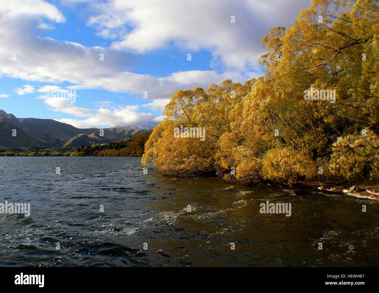 Le lac Hayes est un petit lac pittoresque de l'île du Sud de Nouvelle-Zélande, situé près d'Arrowtown et Queenstown. Il est connu pour ses eaux claires et ses paysages pittoresques, offrant des possibilités de pêche, de navigation de plaisance et de randonnée. La région est particulièrement populaire en automne lorsque les arbres deviennent jaunes. Banque D'Images