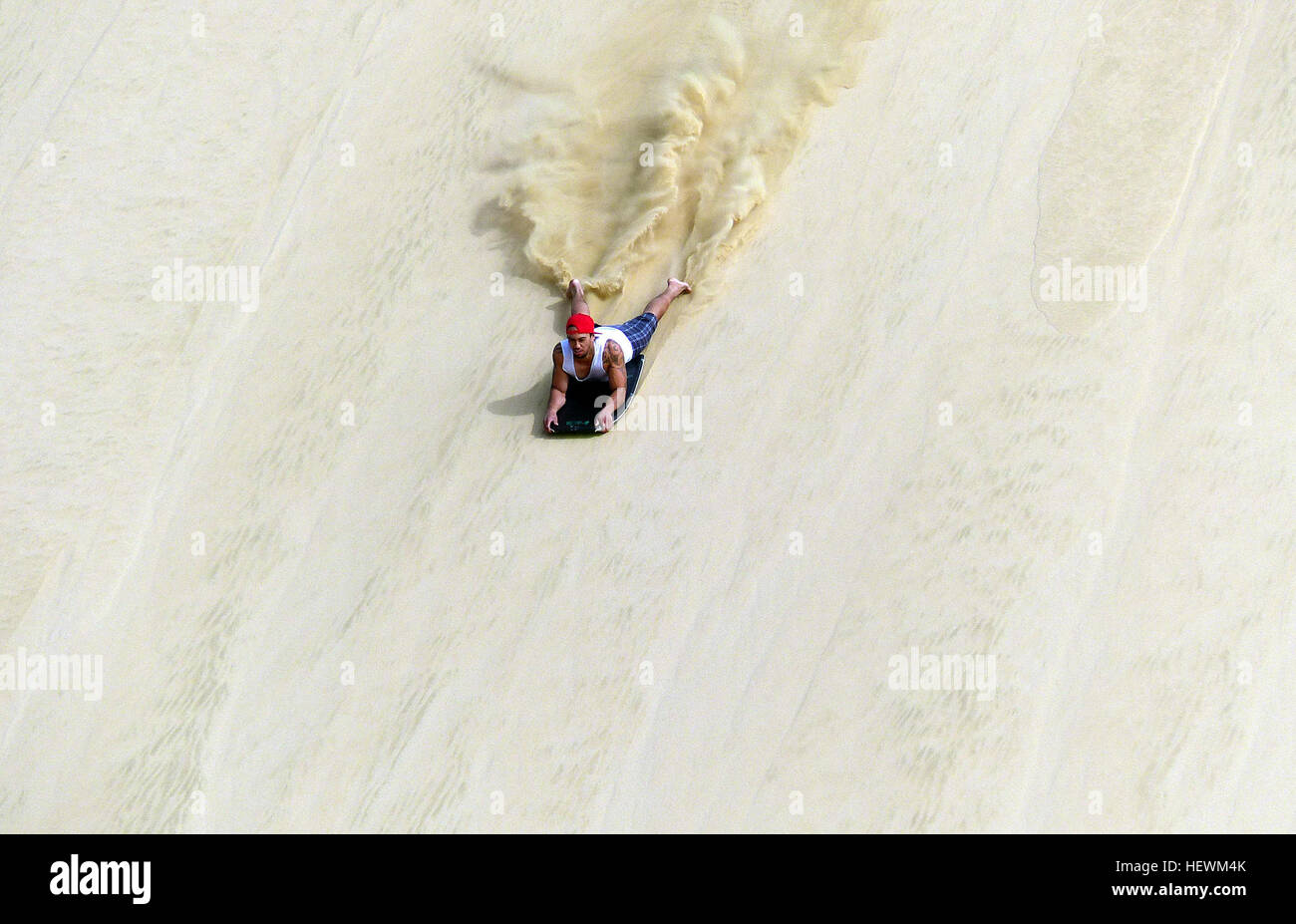 Ces immenses dunes de sable de Te Paki Flux Te Paki sont très populaires - facile des dunes et les pentes extrêmes pour chaque niveau de sable surf. Les dunes de sable de Te Paki lieu à quelques 140 mètres au-dessus du niveau de la mer et le sable doré sont merveilleusement sculptées par les vents sur la côte ouest. Il y a plusieurs tours Northland qui vous prennent ici, mais vous pouvez le faire vous-même et *voitures à bord des sections locales. Banque D'Images