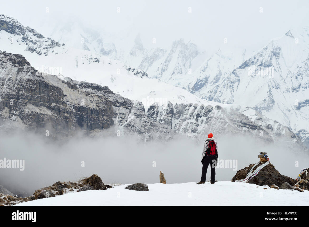 Femme, debout, à la recherche à vue, vue arrière, ABC (Annapurna Base Camp trek trek), Népal Banque D'Images