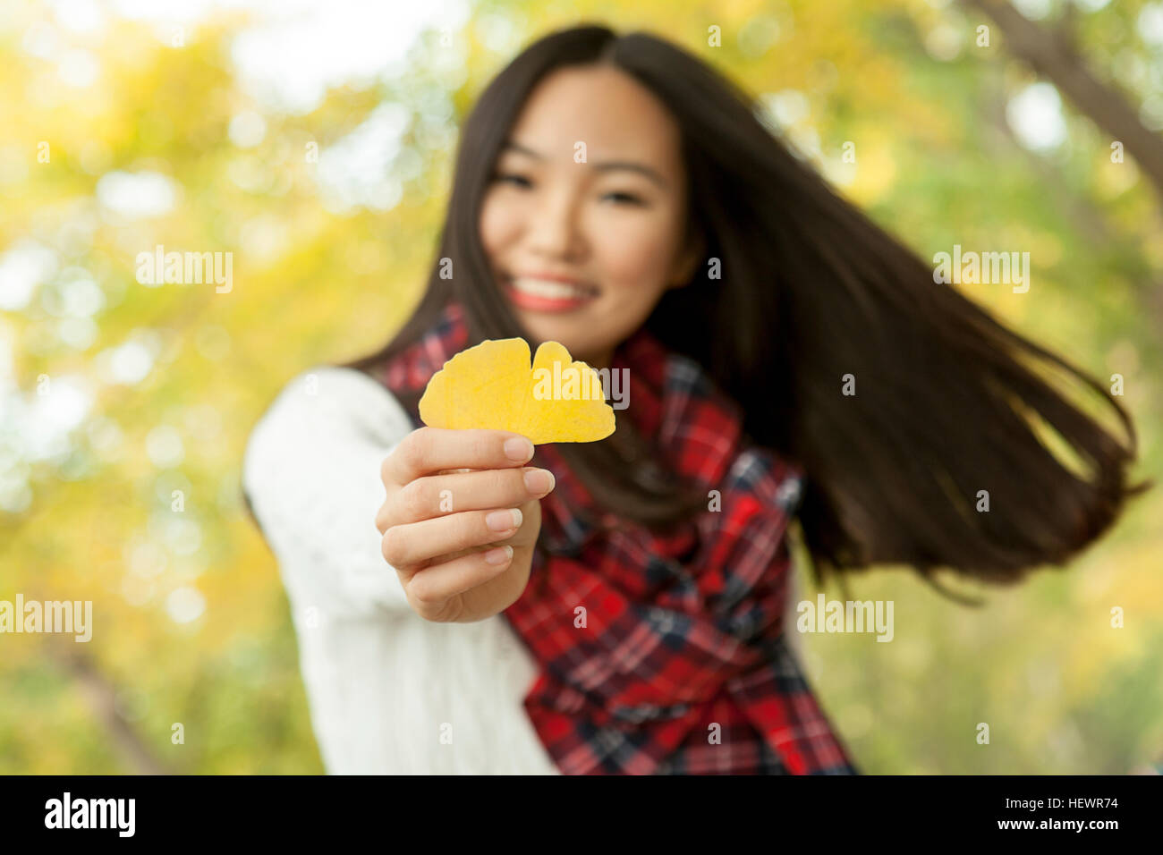 Portrait de jeune femme tenant des feuilles de ginkgo jaune en automne park, Beijing, Chine Banque D'Images