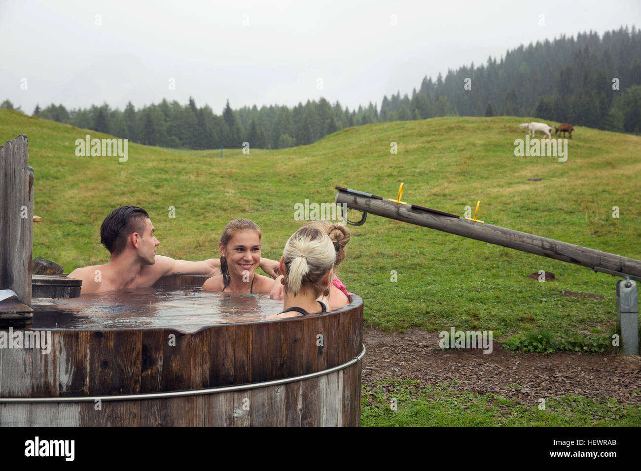 Quatre amis adultes en milieu rural d'un bain à remous relaxant, Sattelbergalm, Tyrol, Autriche Banque D'Images