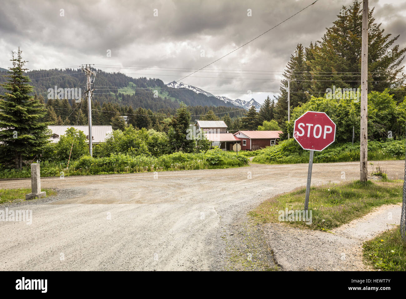 Panneau d'arrêt sur route, Seldovia, Kachemak Bay, Alaska, USA Banque D'Images