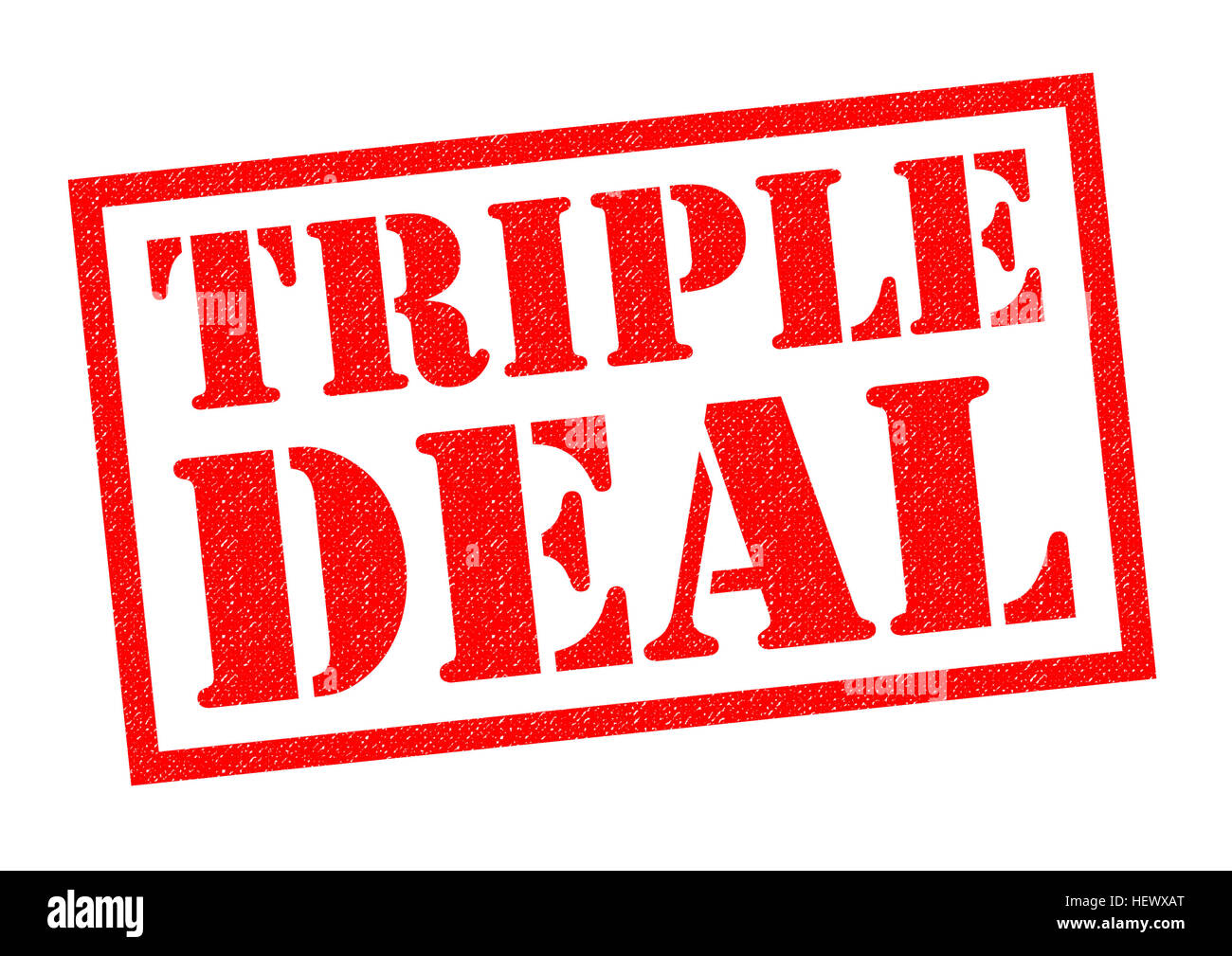 Timbres en caoutchouc rouge Triple Deal sur un fond blanc. Banque D'Images