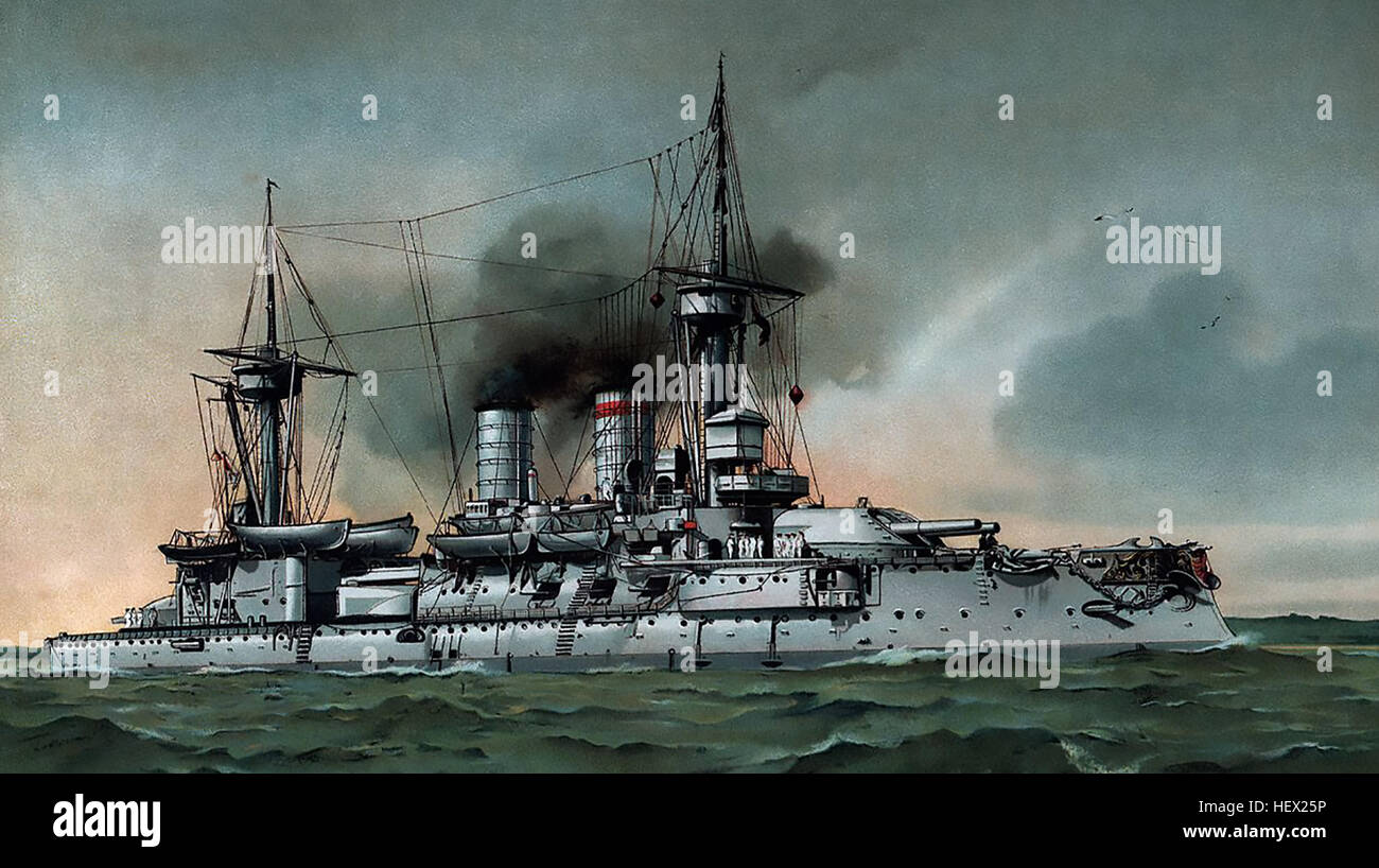 'FRIEDRICH WILHELM' cuirassé de la Marine impériale allemande en 1899 une lithographie. Vendus à la marine turque elle a été coulé par un sous-marin britannique HMS E11 en 1915, pendant la campagne des Dardanelles. Banque D'Images