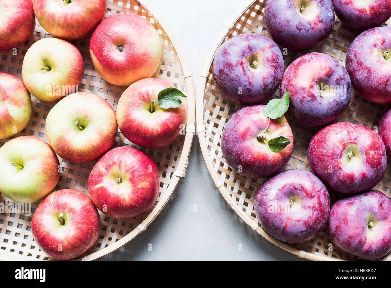 Paniers de Empire fraîchement cueillies et Pommes Honeycrisp, overhead view Banque D'Images