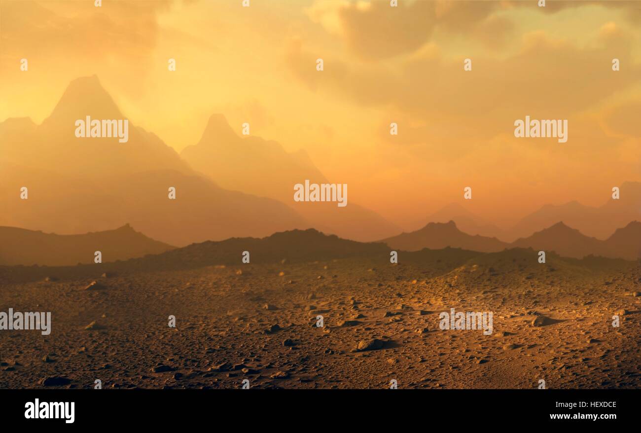Surface de Vénus. Illustration d'ordinateur d'une vue sur la surface rocheuse de la planète Vénus, montrant les nuages d'acide sulfurique obscurcissant le Soleil, Vénus se trouve à environ 108 millions de kilomètres du Soleil, environ deux tiers de la distance Terre-Soleil, et est légèrement plus petite que la terre. Il est le plus actif de la surface planétaire dans le système solaire, avec des températures de près de 500 degrés Celsius depuis sa dense de dioxyde atmosphère capte la chaleur du soleil. La pression atmosphérique de surface est d'environ 90 fois celle de la Terre. Banque D'Images