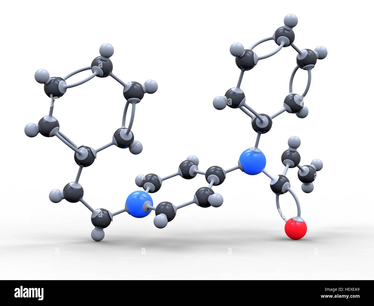 Le Fentanyl. Le modèle moléculaire du médicament fentanyl (C22.H28.N2.O), un analgésique narcotique synthétique utilisé pour sa rapidité d'action et de courte durée d'action. Il est utilisé comme une anesthésie générale et pour les soins palliatifs. Le fentanyl est aussi utilisé comme drogue récréative et a fait des milliers de morts par surdose ou une mauvaise utilisation médicale chaque année depuis 2000. Les atomes sont représentés comme des sphères et sont codés par couleur : carbone (gris), l'hydrogène (blanc), l'azote (bleu) et d'oxygène (rouge). Banque D'Images