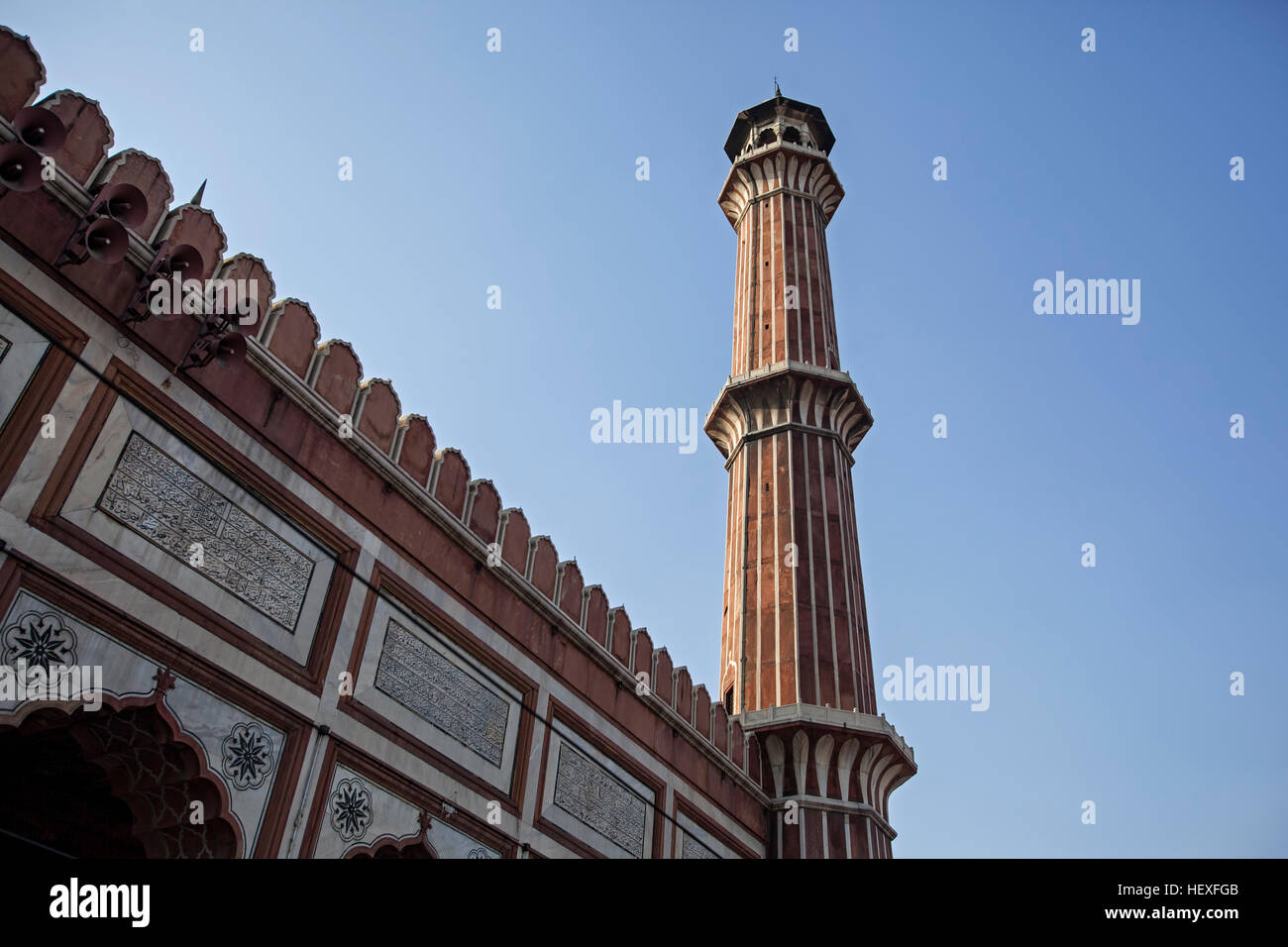 Minaret, mosquée Jama Masjid, Old Delhi, Inde Banque D'Images