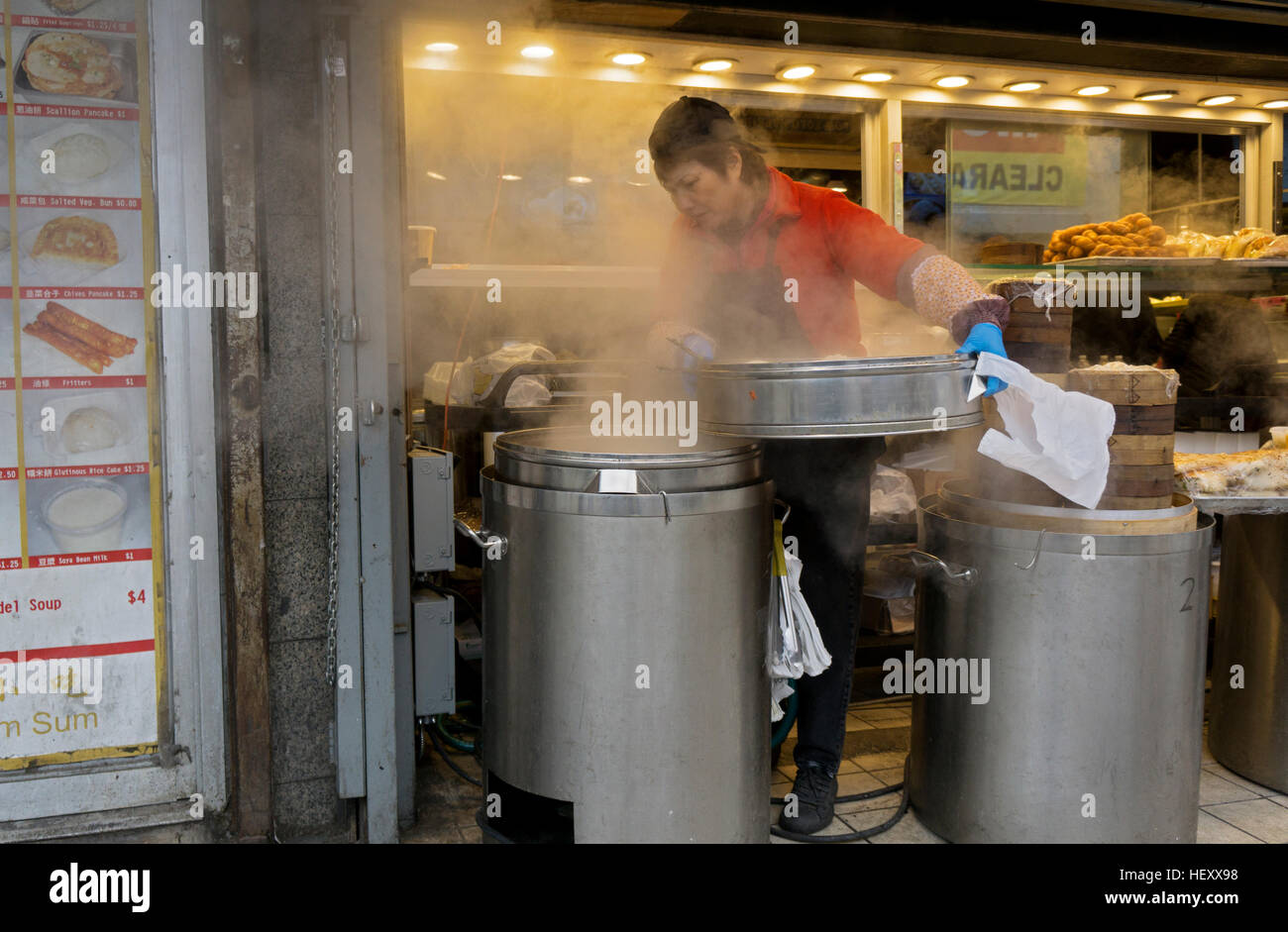 Une femme chinoise travailler à l'extérieur dans l'hiver sur de vastes paquebots. Dans le quartier chinois, le centre-ville de Flushing, New York. Banque D'Images