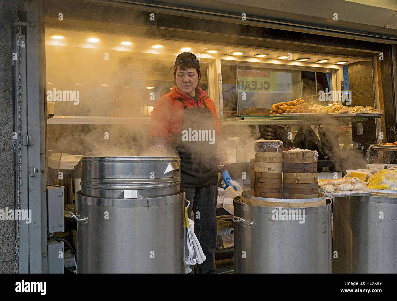 Une femme chinoise travailler à l'extérieur dans l'hiver sur de vastes paquebots. Dans le quartier chinois, le centre-ville de Flushing, New York. Banque D'Images