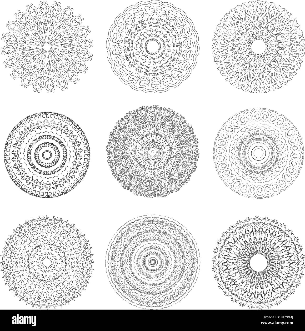 Mandala rond ensemble d'une ligne blanche et noire, livre de coloriage. Mandala doodle style. Vector illustration Illustration de Vecteur