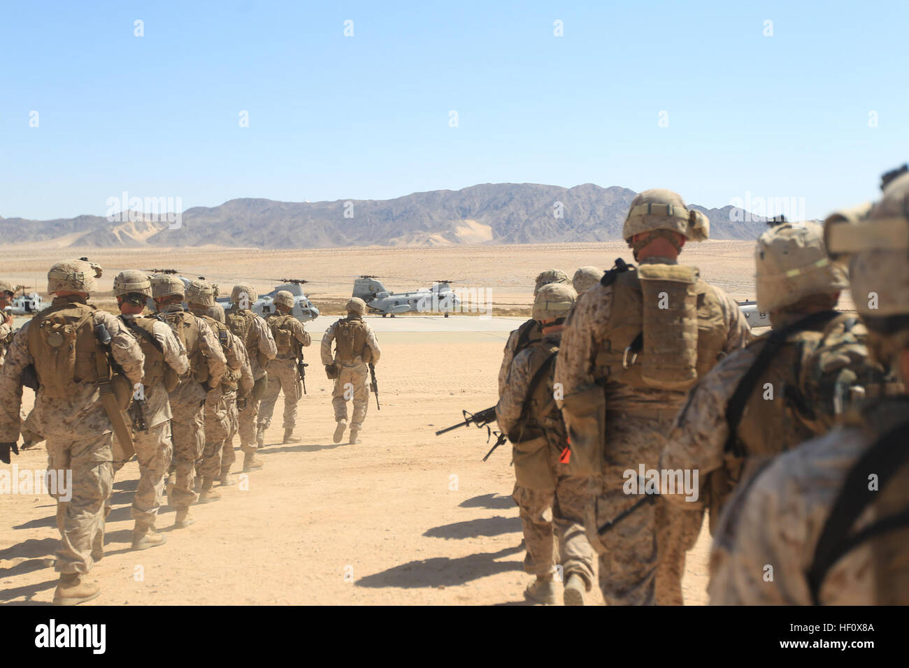 Marines avec 2e Bataillon, 25e Régiment de Marines, charger sur un hélicoptère CH-46 Sea Knight pour récupérer deux Marines lors d'une récupération d'aéronefs tactiques et du personnel de l'exercice dans le centre de lutte contre les zones de formation le 9 juillet 2012. Le 23 Marines chargées dans trois CH-46 Sea Knights pour sauver leurs concitoyens des Marines (le site d'une simulation d'écrasement d'un aéronef. Marines avec 2/25 sont présentement en formation à la lutte contre le Centre dans le cadre de l'exercice à grande échelle 1/Javelin 2012 Poussée. TRAP (LSE-1- Poussée Javelin 12) 120709-M-KI464-212 Banque D'Images