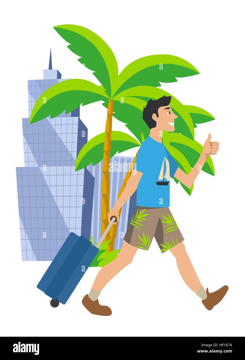 L'homme s'en va en vacances. Se rendre dans un autre pays de l'été. marcher avec valise. Illustration de Vecteur