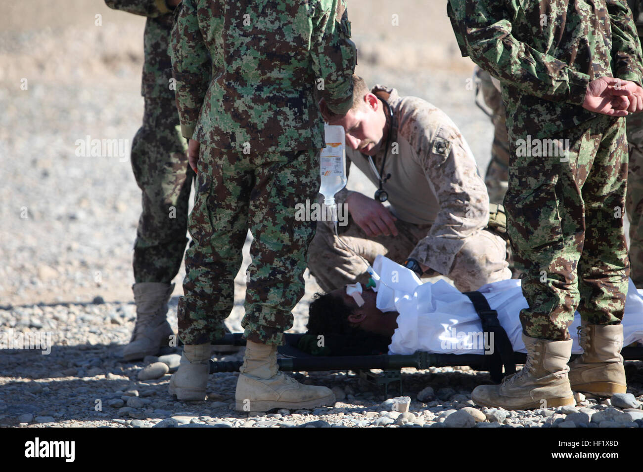 Maître de 3e classe Kristopher Krysa, 27, à partir de la Grange Park, Illinois, une force de sécurité avec corpsman Équipe de conseiller d'assistance 2-215, parle d'un soldat de l'Armée nationale afghane blessés sur une base de l'ANA près de la base d'opération avancée Nolay, province de Helmand, Afghanistan, le 28 janvier 2014. Krysa aide l'ANA 2e Brigade, 215e Corps canadien en aidant le personnel médical avec des blessés et leur formation dans diverses formes de soins de traumatologie et de médecine préventive. E28098Doc BruteE28099 former, conseiller, aide le personnel médical Afghan 140128-M-PF875-301 Banque D'Images
