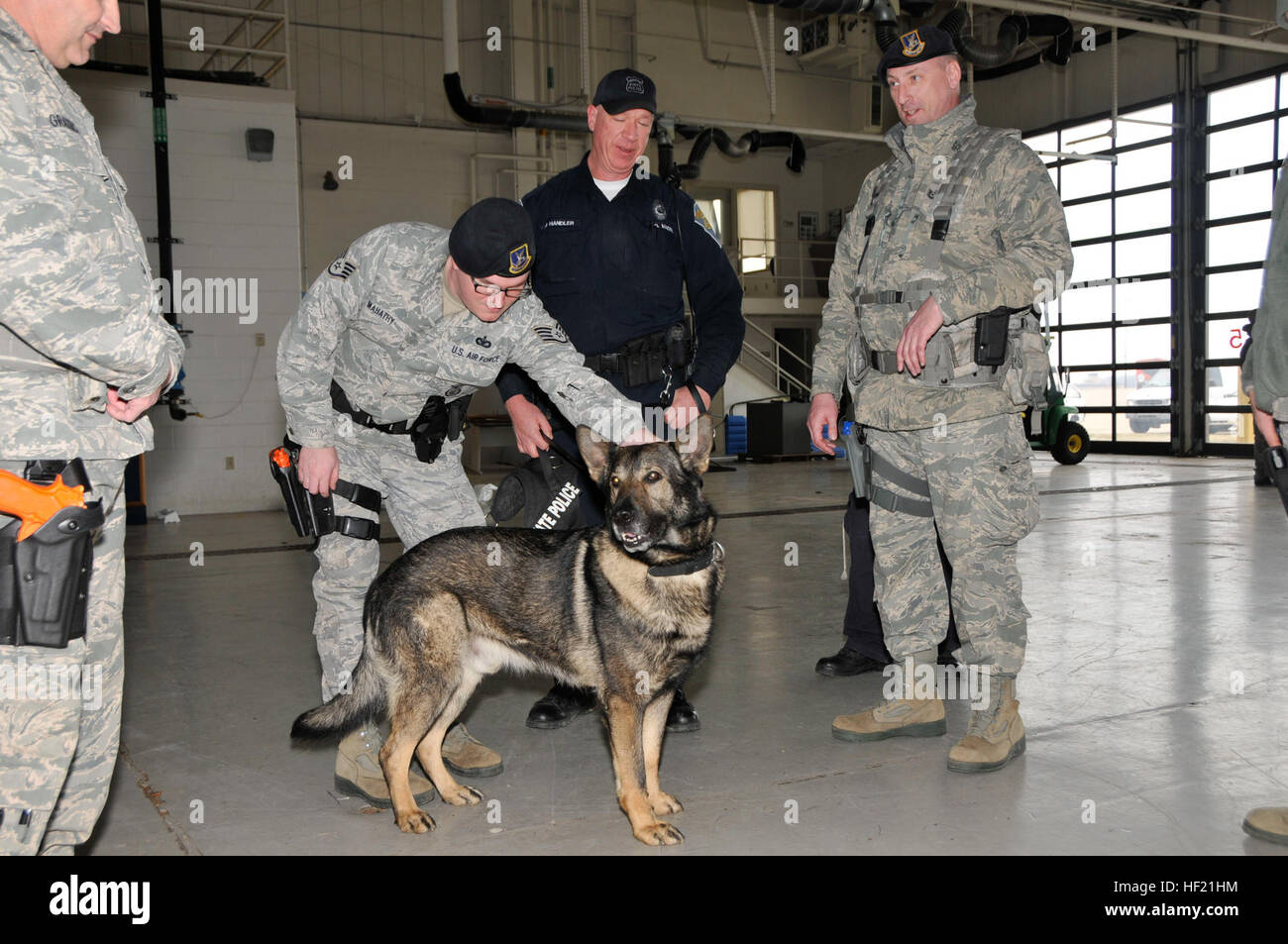 Le sergent de l'US Air Force. Dustin Mahathy, les forces de sécurité, 181e Escadron d'aile du renseignement, de l'Indiana Air National Guard prend une pause de la formation pour obtenir l'ami du chien K9, le 19 mars 2014. Plusieurs événements de formation se produisent chaque année à la 181e Escadre de renseignement avec les forces de police locales afin de maximiser l'argent des contribuables et de donner en retour à la communauté qui soutient nos missions fédérales et d'état. (U.S. Photo de la Garde nationale aérienne capitaine principal Sgt. John S. Chapman) 181e Escadre de renseignement formation hôte K9 140319-Z-H441-193 Banque D'Images