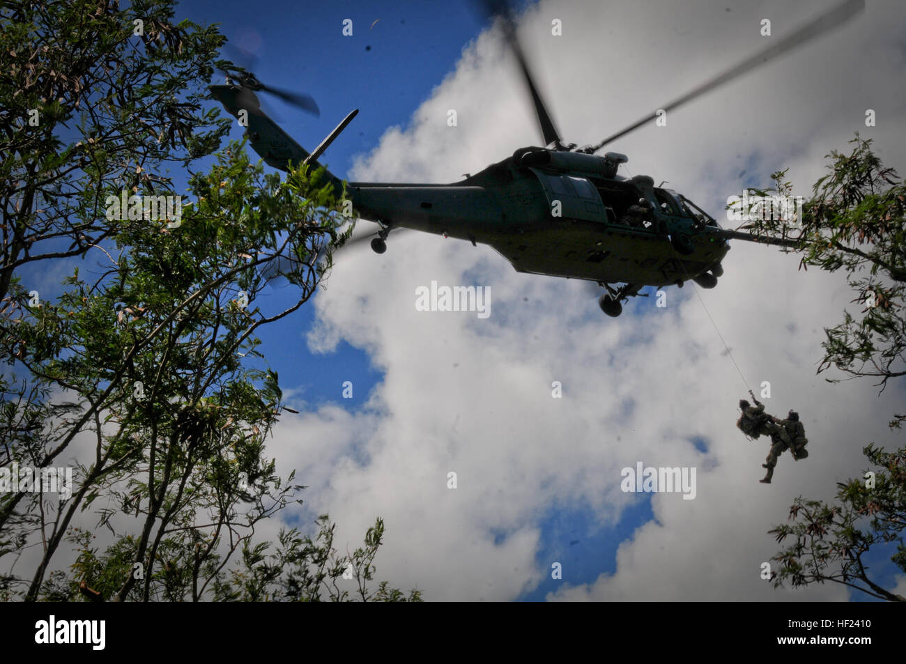 Le California Air pararescuemen national affecté à la 131e Escadron de sauvetage de commencer l'extraction pour un vol stationnaire HH60-G Pave Hawk hélicoptère de sauvetage à la zone d'entraînement du Corps des Marines des soufflets, Kailua, Hawaii, le 28 avril 2014. L'objectif pour l'équipe de Ange gardien affecté à la 129e Escadre de sauvetage, Moffett Federal Airfield, Californie, a été la reprise du personnel civil de l'écrasement d'un avion. (Photo de la Garde nationale aérienne par le sergent. Kim E. Ramirez) reprise dans la jungle 140428-Z-IG805-335 Banque D'Images