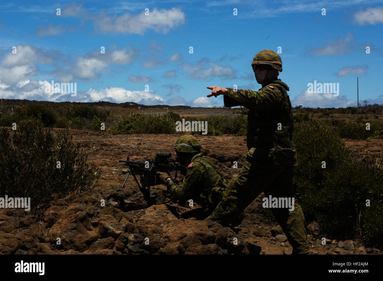 Avec les soldats du Princess Patricia's Canadian Light Infantry, assurer la sécurité et de donner des ordres au cours d'un incendie réel tirer, dans le cadre du Rim of the Pacific (RIMPAC) 2014, 18 juillet. Vingt-deux nations, plus de 40 navires et sous-marins, environ 200 avions et 25 000 personnes participent à l'EXERCICE RIMPAC du 26 juin au 1 août dans et autour des îles Hawaï et la Californie du Sud. Le plus grand exercice maritime international RIMPAC, offre une formation unique qui aide les participants à favoriser et soutenir les relations de coopération qui sont essentielles pour assurer la sécurité o Banque D'Images