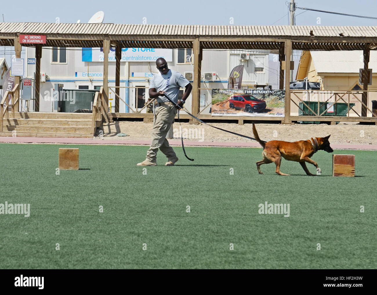Un entrepreneur civil et de chiens de travail donner une démonstration de détection d'explosifs lors d'un événement commémorant la Journée mondiale de la rage à la promenade sur l'aérodrome de Kandahar, Afghanistan, le 27 septembre 2014. L'événement s'est tenu à informer les membres sur les dangers de la rage alors qu'ils sont déployés en Afghanistan. (U.S. Photo de l'armée par le sergent. John Etheridge) KAF clinique vétérinaire est titulaire d'événement pour marquer la Journée mondiale de la rage 140927-Z-BQ261-115 Banque D'Images