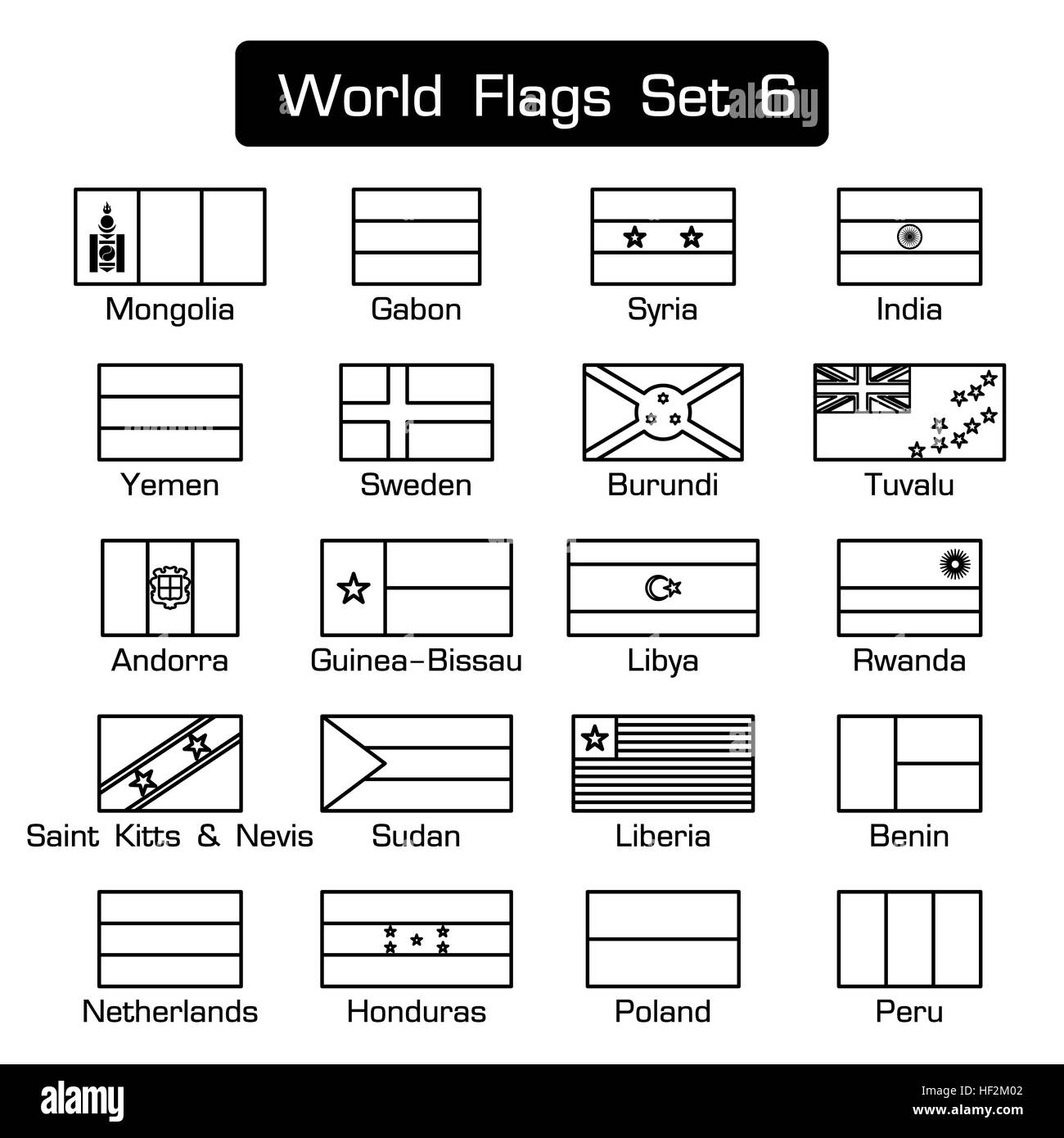 Drapeaux du monde set 6 . simple style et design plat . d'épaisseur contours . Banque D'Images