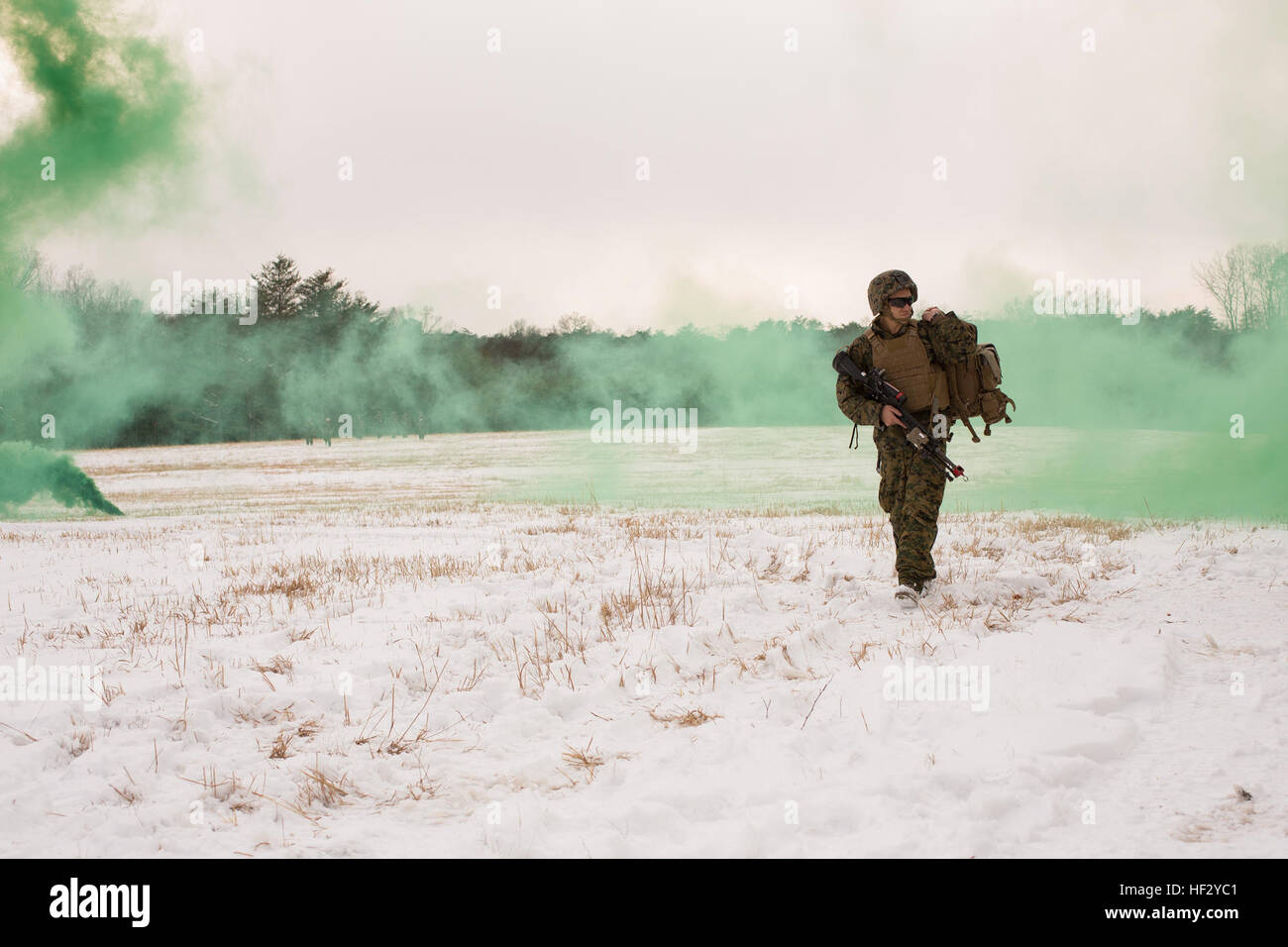 Le Corps des Marines des États-Unis. Anthony Swanson, automatique d'infanterie rifleman, la Compagnie Alpha, 1er Bataillon, 8e Régiment de Marines, 2e Division de marines (MARDIV), les patrouilles au cours d'un exercice d'entraînement pour déploiement sur base du Corps des Marines à Quantico, en Virginie, le 18 février 2015. L'exercice a porté sur les opérations de stabilisation et de diverses missions d'entraînement. (U.S. Marine Corps photo par Lance Cpl. Kelly L. Street, 2D MARDIV/Caméra de combat) Parution 1-8 Marines le déploiement pour l'exercice de formation 150218-M-OU200-046 Banque D'Images