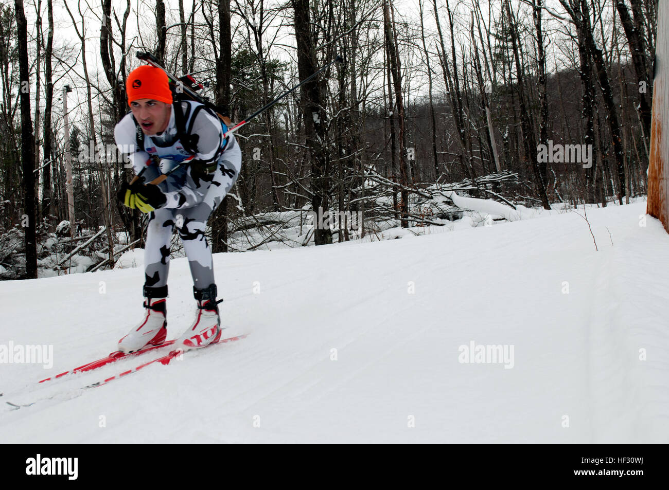 Le Cpl. Gregory Lewandowski, la Garde nationale du Wisconsin, les skis dans la course-poursuite au Camp d'Ethan Allen Site de formation, Jericho, Vermont, le 2 mars 2015. Il s'agit de la 40e édition annuelle de la compétition de biathlon de la Garde Nationale avec plus de 120 soldats et aviateurs, à partir de 24 membres participant. (U.S. La Garde nationale de l'armée photo par le Sgt. Heidi Kroll), chef de la Garde nationale de Biathlon 150302-Z-HS490-069 Banque D'Images