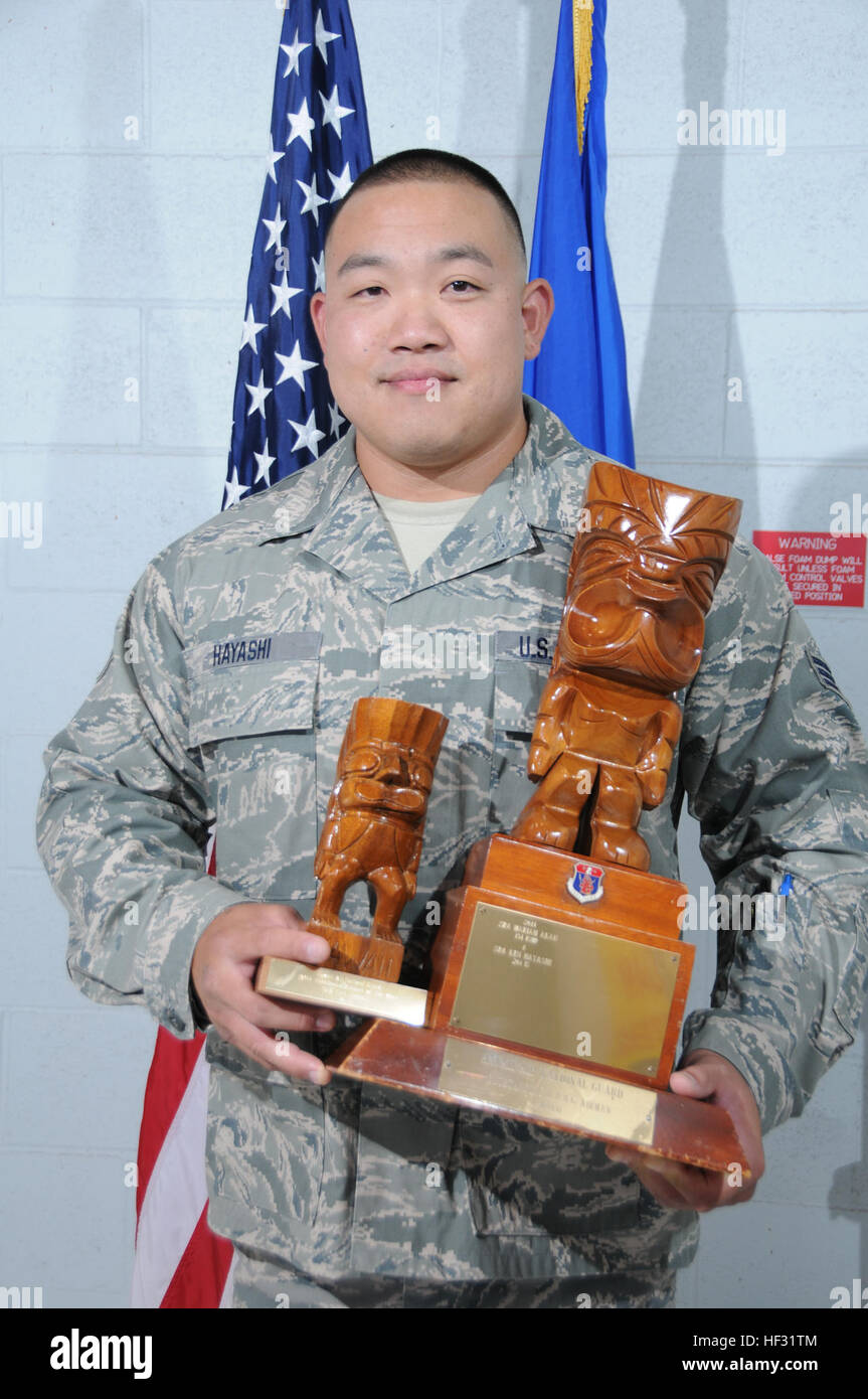 Les cadres supérieurs de l'US Air Force Airman Ken Hayashi, New York Air National Guard 201e escadron du Renseignement, l'Airman victoires de l'Année pour la catégorie traditionnelle au cours de la Launa 2015 'Ole awards at Joint Base Harbor-Hickam Pearl, New York le 8 mars 2015. Airman Hayashi a facilité le Joint Special Operations Task Force, Combat Ops Team en volant 92 missions de combat pour un total de 452 heures. Il a aussi organisé la prise en charge de l'Lanakila de repas à domicile, la prestation de moyens pour les personnes âgées le jour de Thanksgiving. California Air National Guard Maravedi 'Ole Awards 2015 150308-Z-UW413-248 Banque D'Images