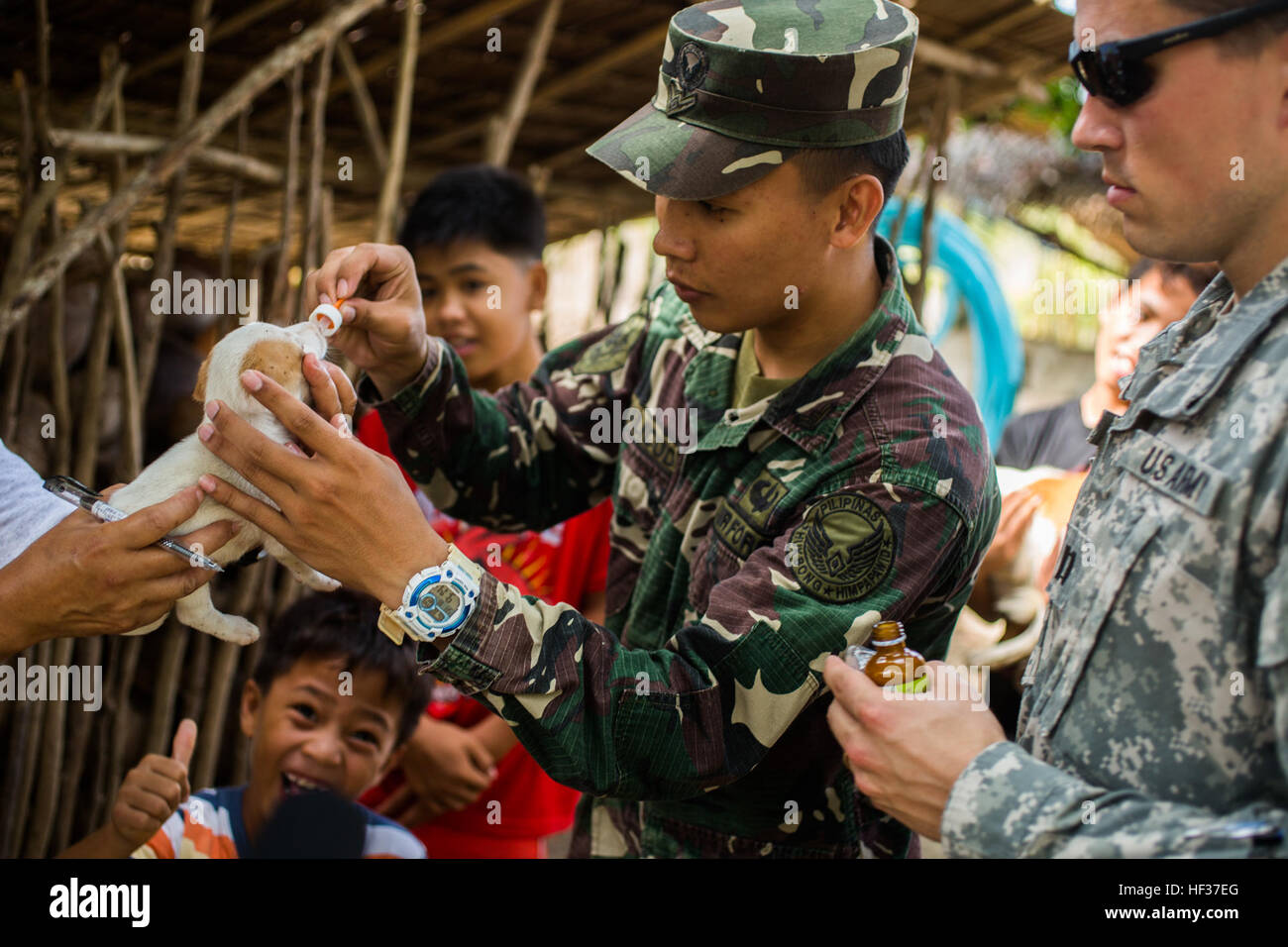 Un aviateur de l'Armée des Philippines donne à la médecine anti-worm un chien tandis que le capitaine de l'armée américaine Andrew Armstrong, vétérinaire, District de santé publique au Japon, montres à Puerto Princesa, Philippines, lors de l'exercice Balikatan 2015, 18 avril. L'AFP et les Forces armées des États-Unis administré des médicaments et vaccins pour prévenir la propagation de maladies et d'accroître l'état de santé général des animaux dans la région. Cette année marque le 31ème itération de la Philippine-américain annuel de l'exercice et la formation civique de l'engagement de l'aide humanitaire. (U.S. Marine Corps photo par Lance Cpl. Wesley Timm/ Banque D'Images