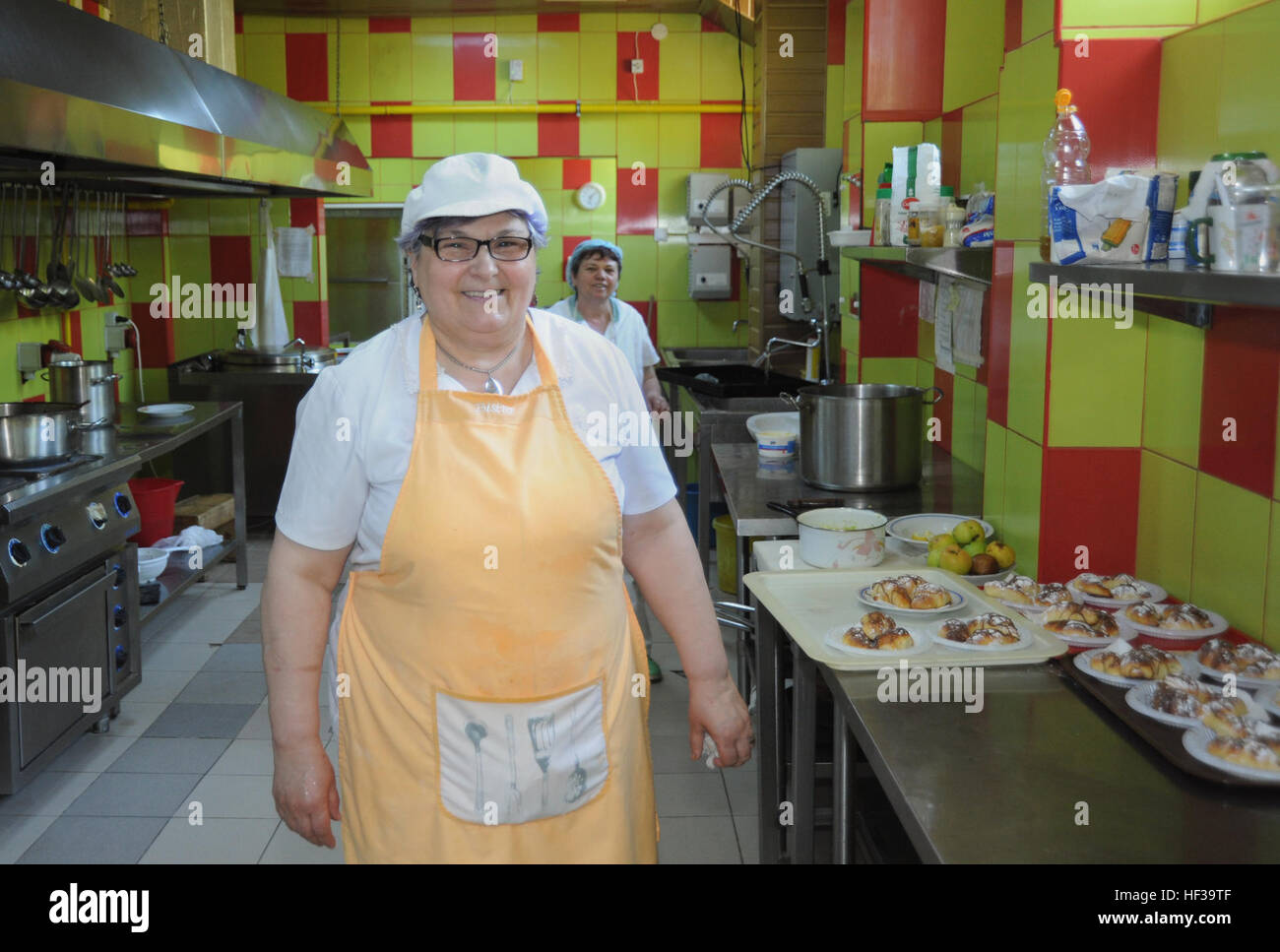 Katy Graur, un travailleur des services alimentaires pour l'hôpital de la ville de Mangalia, Roumanie, pose pour un portrait après la cuisson d'un repas traditionnel roumain pour les membres de la 142e Escadre de chasse de l'Escadron du génie civil, de l'Oregon Air National Guard à Mangalia, Roumanie 8 Mai, 2015. Le groupe déployé en Roumanie pour rénover un dispensaire médical ici dans le cadre de l'EUCOM (Commandement européen) Programme d'aide humanitaire Civic (HCA). L'EUCOM HCA programme est conçu pour améliorer l'infrastructure essentielle du pays hôte et les conditions de vie de la population civile. (U.S. Photo de la Garde nationale aérienne St Banque D'Images