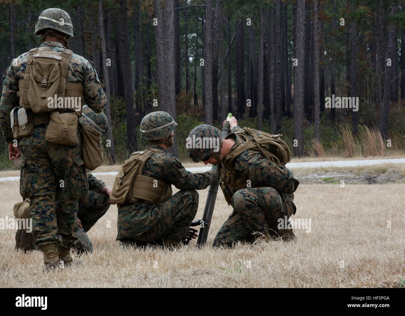 Marines avec Fox compagnie, 2e Bataillon, 8e Régiment de Marines, un incendie M224 60mm Système de mortier léger lors d'un exercice sur le terrain à Camp Lejeune, en Caroline du Nord, le 28 janvier 2016. Marines utilisées au niveau de l'entreprise organique des systèmes d'armes au cours de l'exercice, de renforcer les fondamentaux associés à chacun. (U.S. Marine Corps photo par le Cpl. Paul S. Martinez/libérés) 'America's Battalion" développe les fondamentaux d'infanterie 160128-M-ZM882-285 Banque D'Images