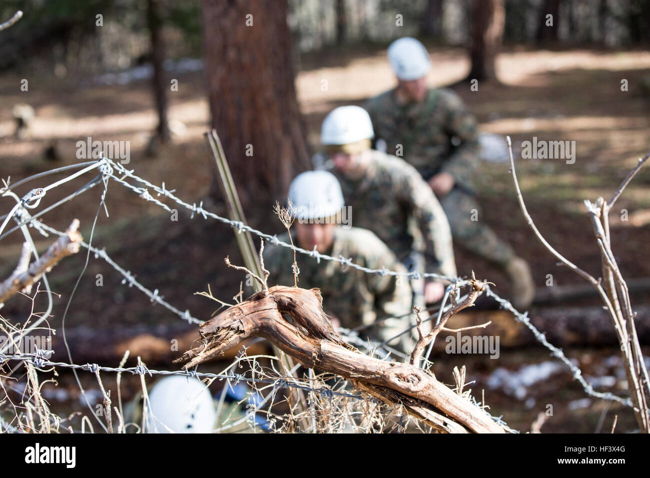 Les Marines américains avec la compagnie Bravo, 1er Bataillon, 8e Régiment de Marines, air-sol marin à des fins spéciales Groupe Force-Crisis Response-Africa entre un tunnel obstacle couverte de barbelés lors d'un événement d'équipe à bord du Commando National Training Centre, France, Avril 6, 2016. La formation commando français préparé des Marines américains pour faire face à un large éventail d'obstacles éventuels dans un milieu urbain ou de l'environnement austère. (U.S. Marine Corps photo par le Sgt. Kassie L. McDole/libérés) SPMAGTF-CR-AF Marines participer en français cours de construction de l'équipe Commando 160406-M-QM580-024 Banque D'Images