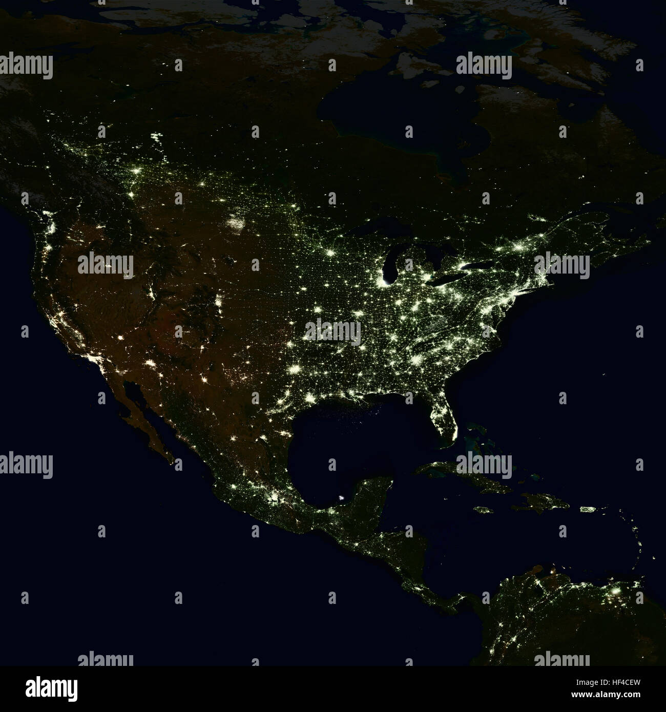 Les lumières de la ville sur la carte du monde. L'Amérique du Nord. Banque D'Images