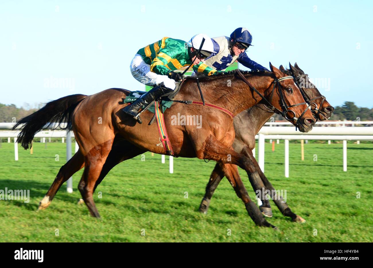 Concordin et jockey Mark Walsh (avant) par la suite gagner la capitale Cardinal Handicap Hurdle durant le premier jour de la fête de Noël à l'hippodrome de Leopardstown. Banque D'Images