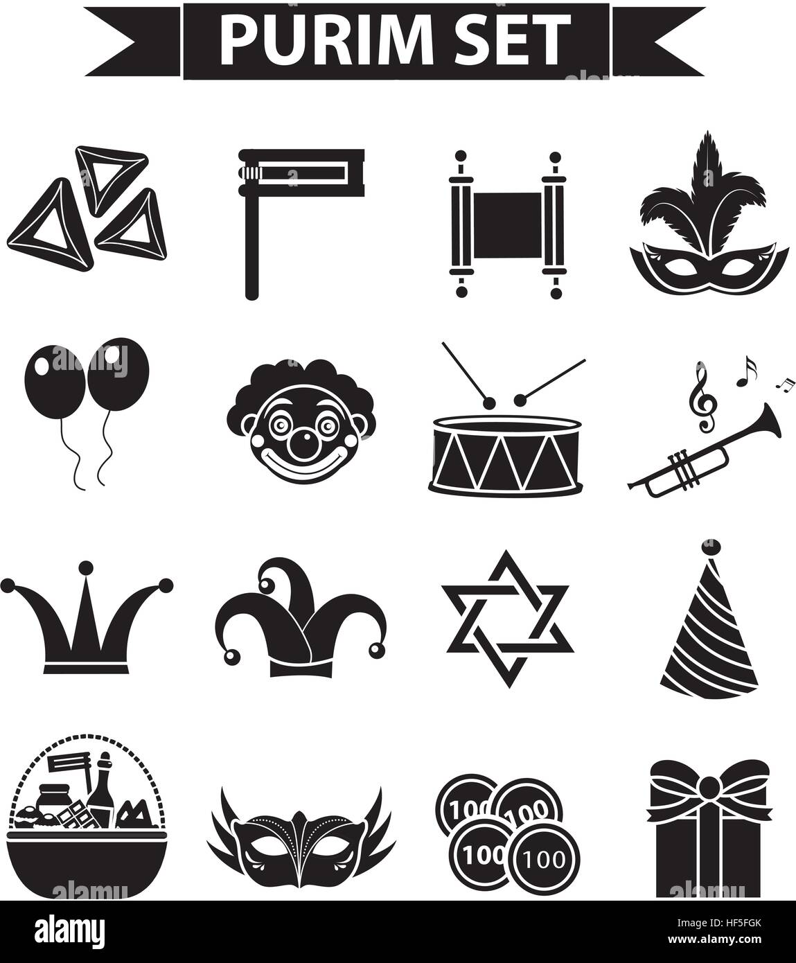 Happy Purim carnival icons set, silhouette noire style. Collection juive de signes, symboles, isolé sur fond blanc. Clip-art illustration vectorielle Illustration de Vecteur