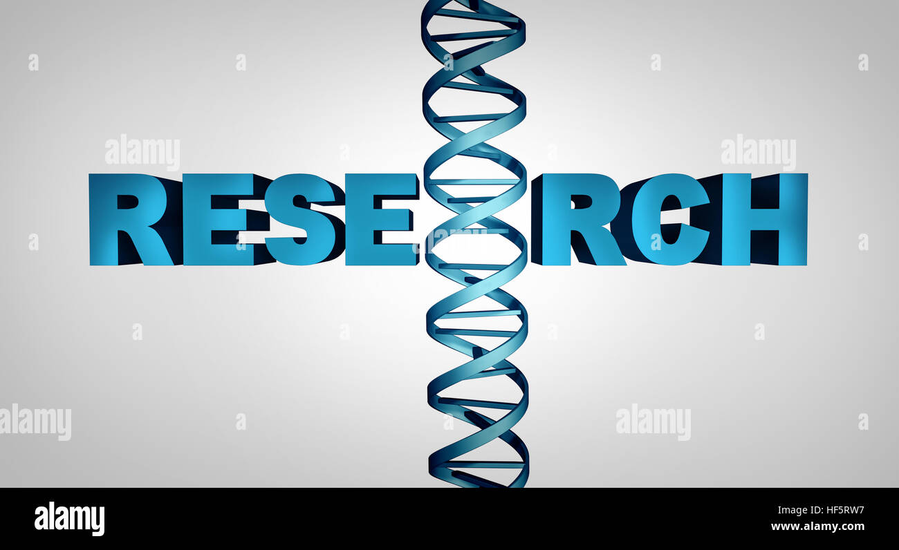 La recherche en biotechnologie génétique comme symbole de texte avec une structure en double hélice comme une découverte de la science de la biologie et de l'étude de concept comme biotchemistry Banque D'Images