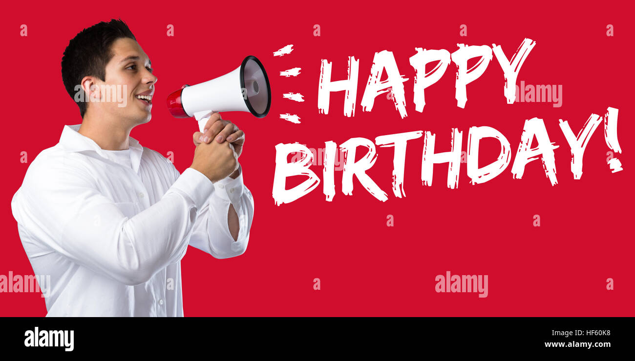 Joyeux anniversaire célébration salutations jeune homme mégaphone mégaphone Banque D'Images