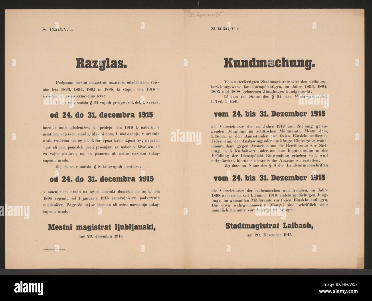 Avis pour la révision obligatoire des listes de conscription militaire à Laibach, publié le 20 décembre 1915, dans le cadre des collections Europeana 1914-1918 Banque D'Images