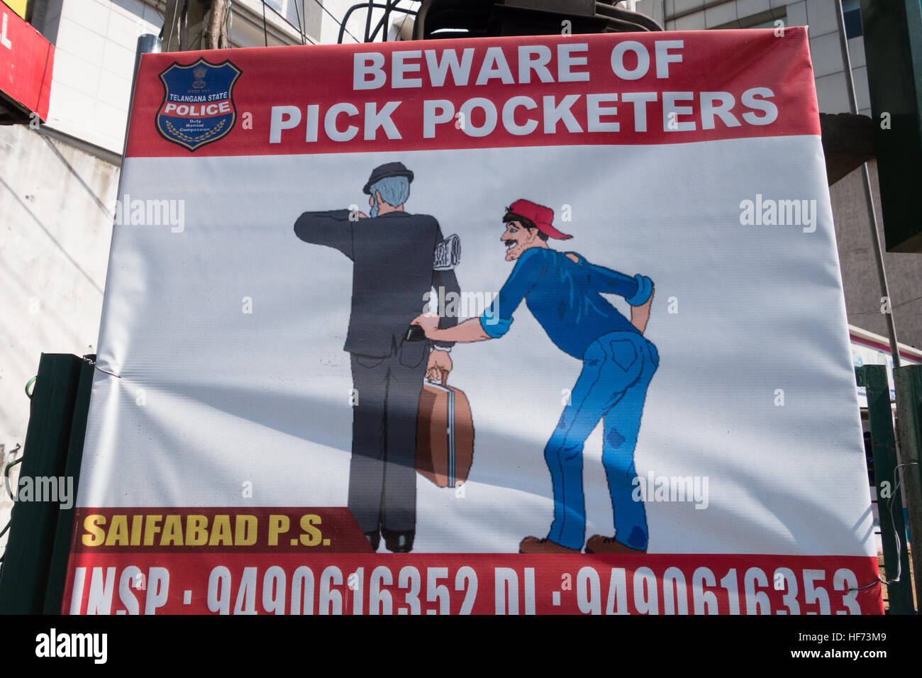 Méfiez-vous des pick Pocketers message illustration affiche telangana state police à Hyderabad, Inde Banque D'Images