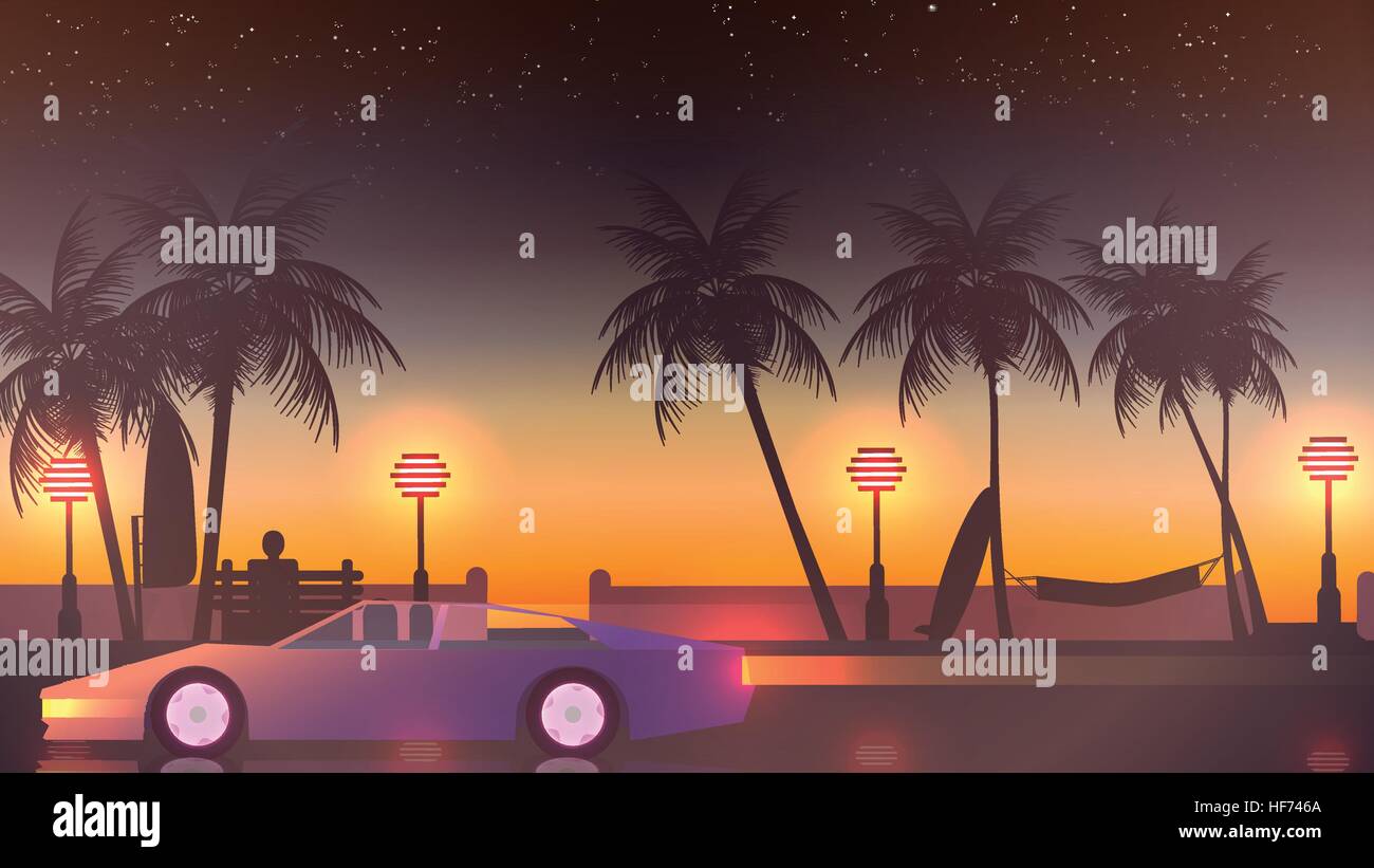 Beach Sunset piétons avec excès de voiture sport voiture - Vector Illustration Illustration de Vecteur
