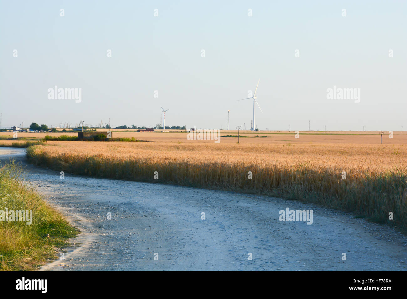 Les éoliennes tourner loin sur domaine agricole sur une journée d'été Banque D'Images