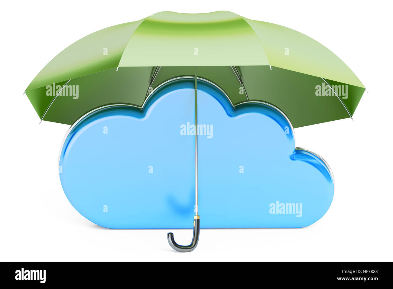 Cloud computing couverts par un parapluie. Concept de sécurité et de protection, rendu 3D isolé sur fond blanc Banque D'Images