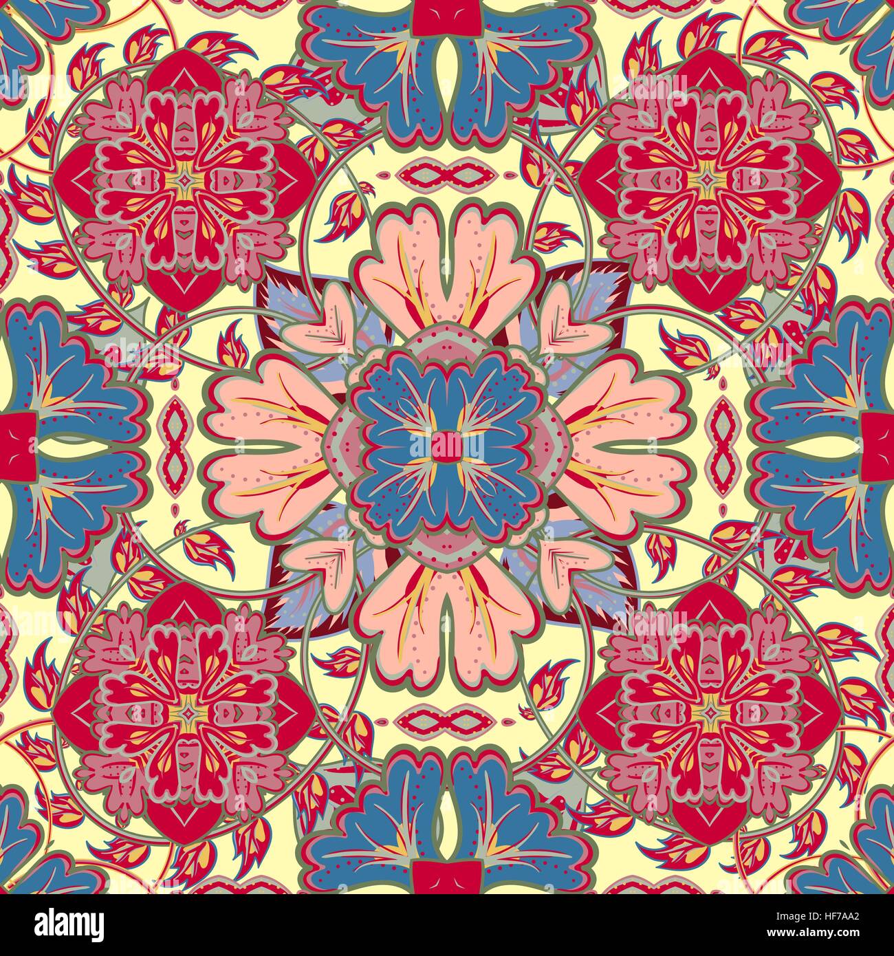 Vector pattern lumineux. L'ornement est aux couleurs bleu rouge jaune détails sur le fond bleu turquoise. Modèle pour n'importe quelle surface. Décor élégant avec ornements orientaux de mandalas. Illustration de Vecteur