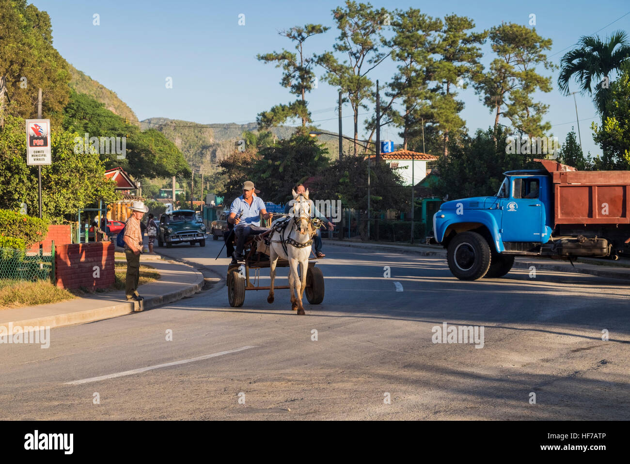 Cheval avec panier et le trafic de camions, variété, à un carrefour à Vinales, Cuba Banque D'Images