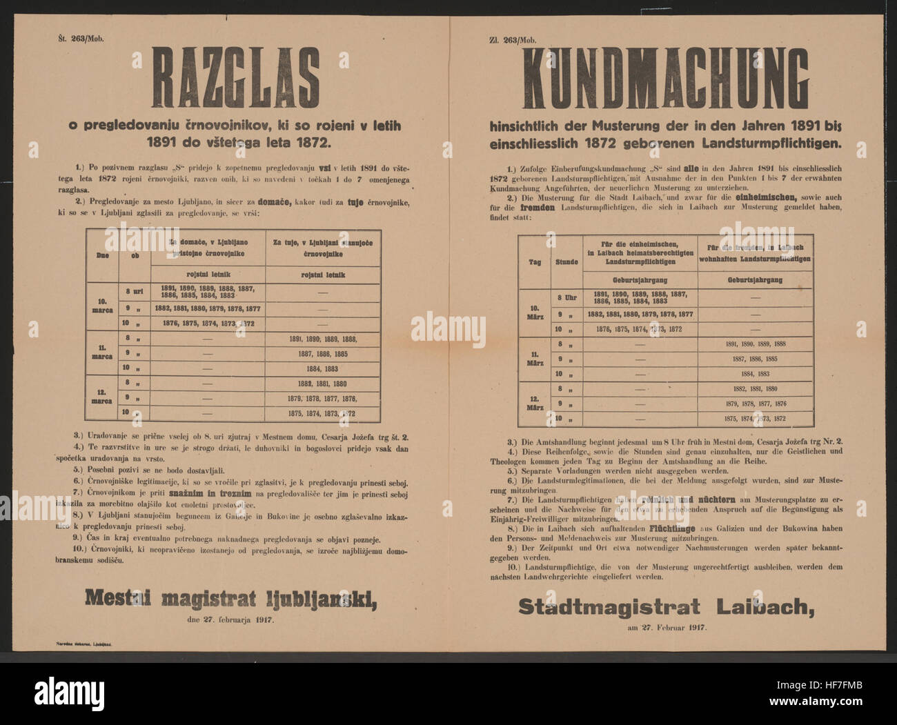 Une affiche de recrutement multilingue de Laibach (Ljubljana) datée du 27 février 1917, pendant la première Guerre mondiale L'affiche décrit les exigences du service militaire obligatoire et les politiques de présence pour les conscrits de 1872 à 1891. L'image fait partie des collections Europeana documentant les efforts de recrutement militaire de la première Guerre mondiale. Banque D'Images