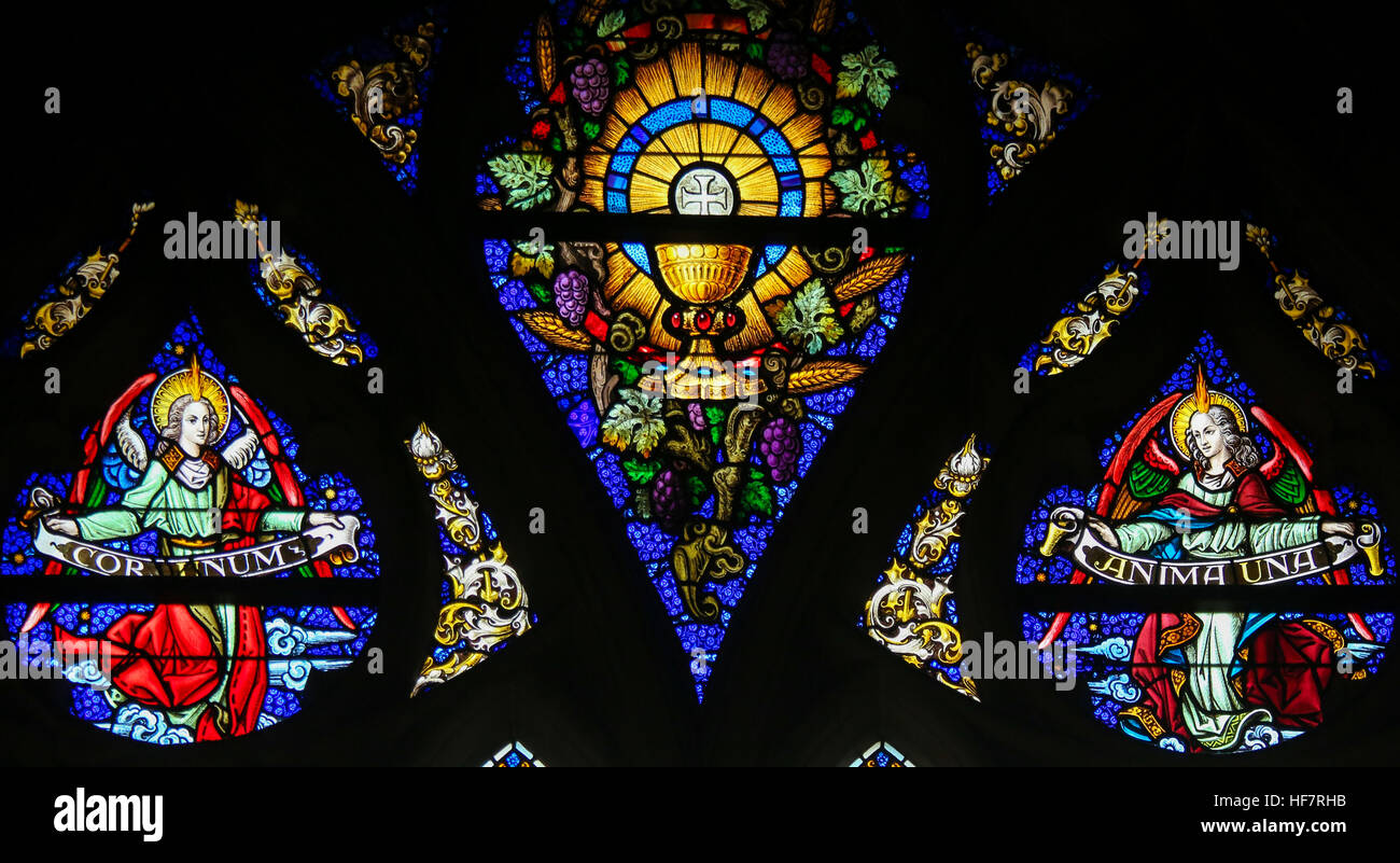 Vitrail représentant l'Eucharistie et le Saint Graal dans la Cathédrale Saint-Bavon de Gand, en Flandre, Belgique. Banque D'Images