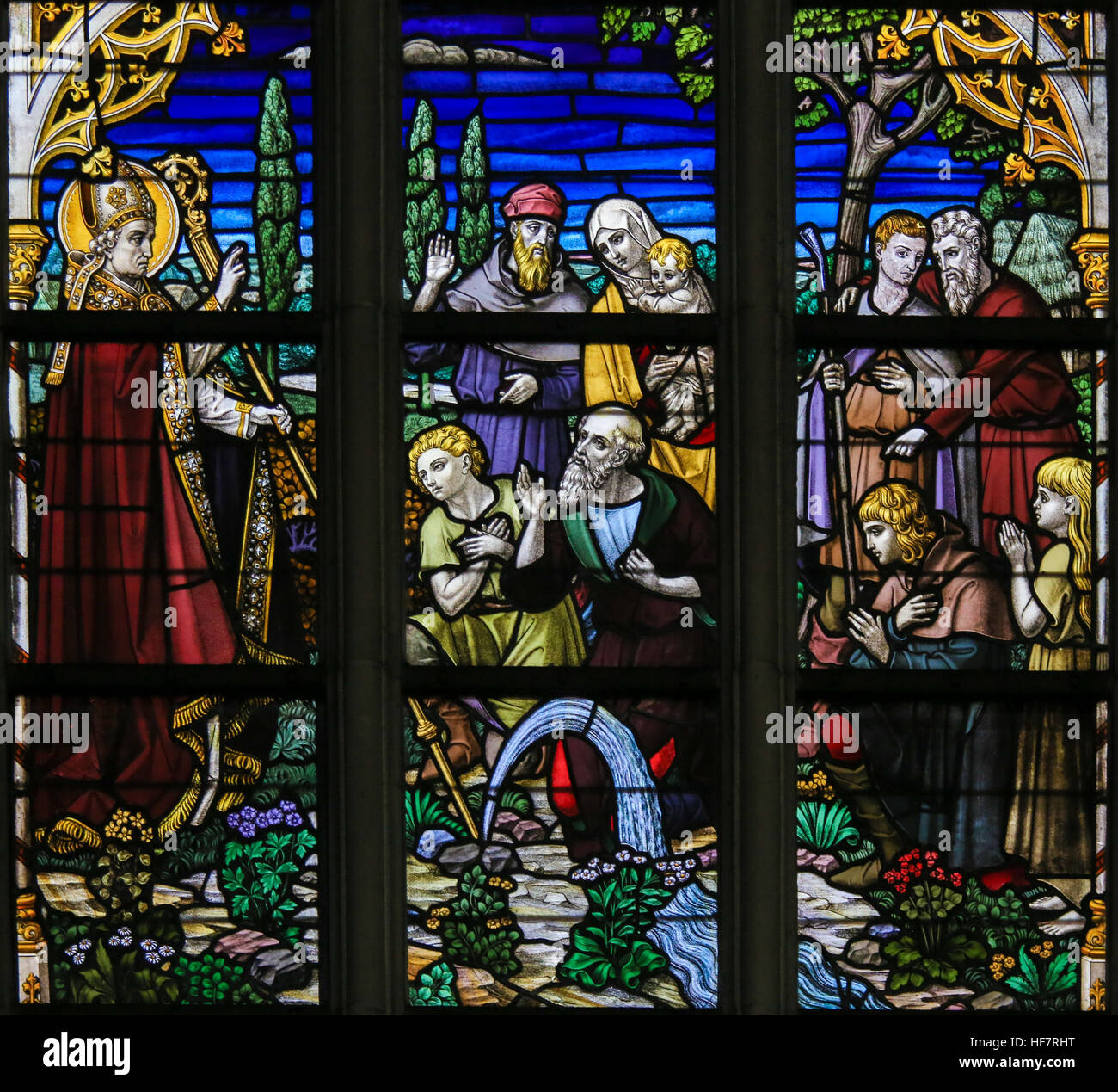 Vitrail représentant un miracle de Saint Landoald de Gand, dans la Cathédrale de Saint-bavon à Gand, Belgique. Banque D'Images