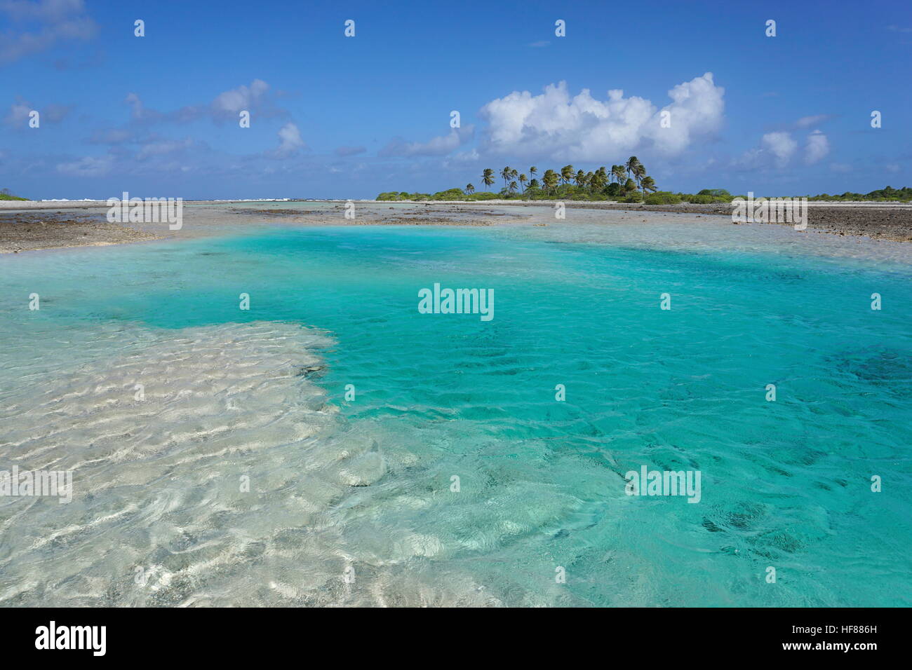 L'eau turquoise d'un chenal peu profond (hoa) entre l'océan et le lagon, atoll de Tikehau, archipel des Tuamotu, en Polynésie française, l'océan Pacifique Banque D'Images